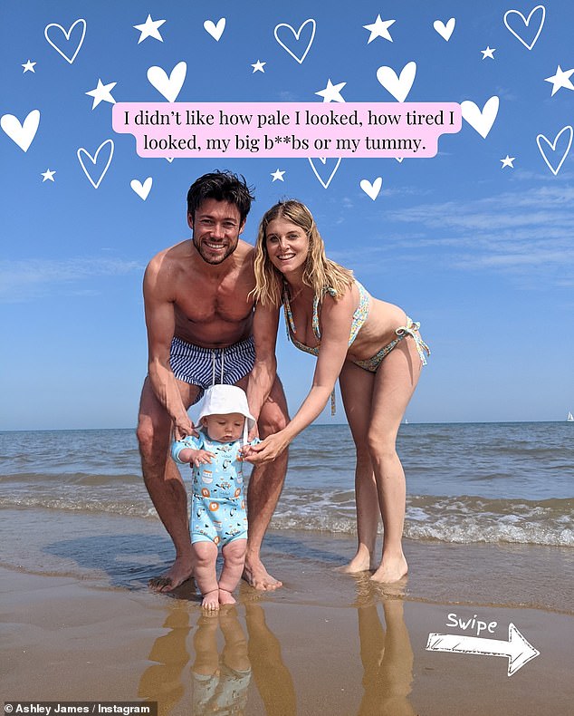 This sweet family photo showed Ashley and her partner Tommy on the beach with Alfie