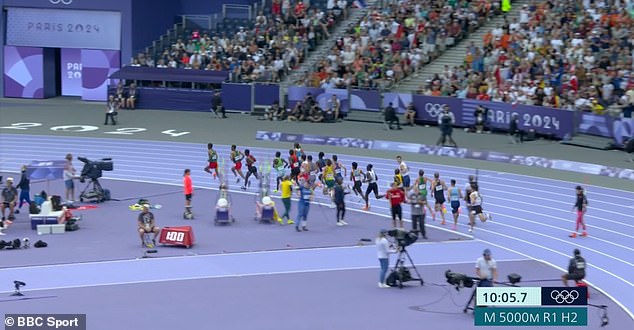 Norwegian Jakob Ingebrigtsen (sixth runner from the back in blue shorts and white top) was furious about the bizarre incident and angrily gestured to the cameraman as he ran past