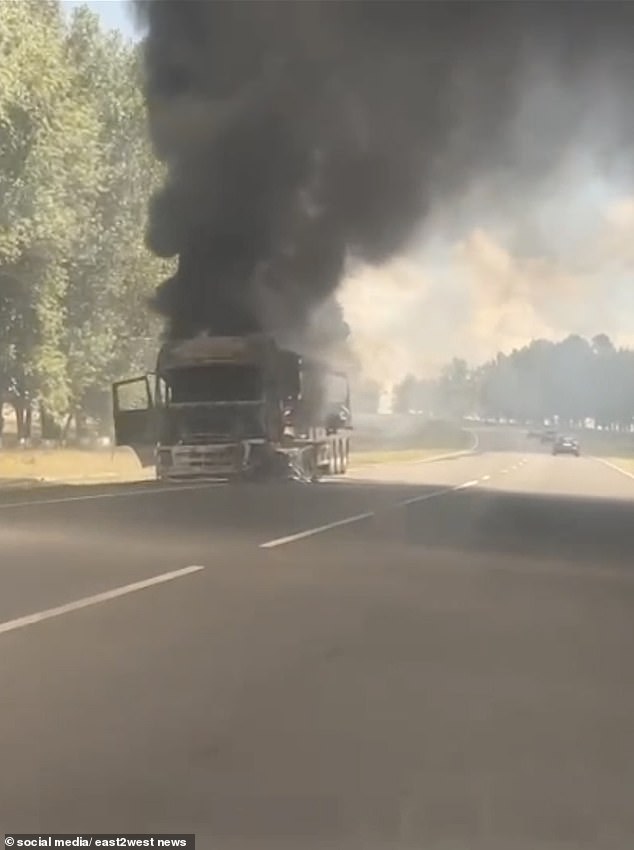 Social media footage shows a burning truck after crossing the border in the Kursk region on Tuesday