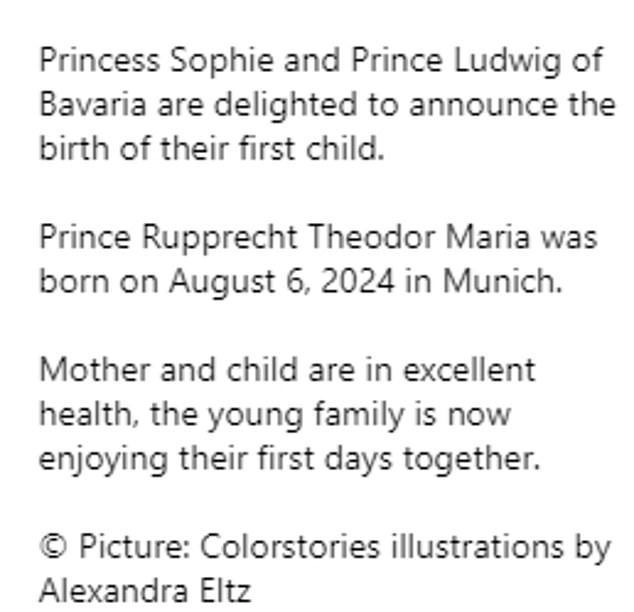 An official announcement on the Instagram account of the Bavarian royal family @hausbayern showed a cute illustration of a stork with a blue handkerchief by Alexandra Eltz