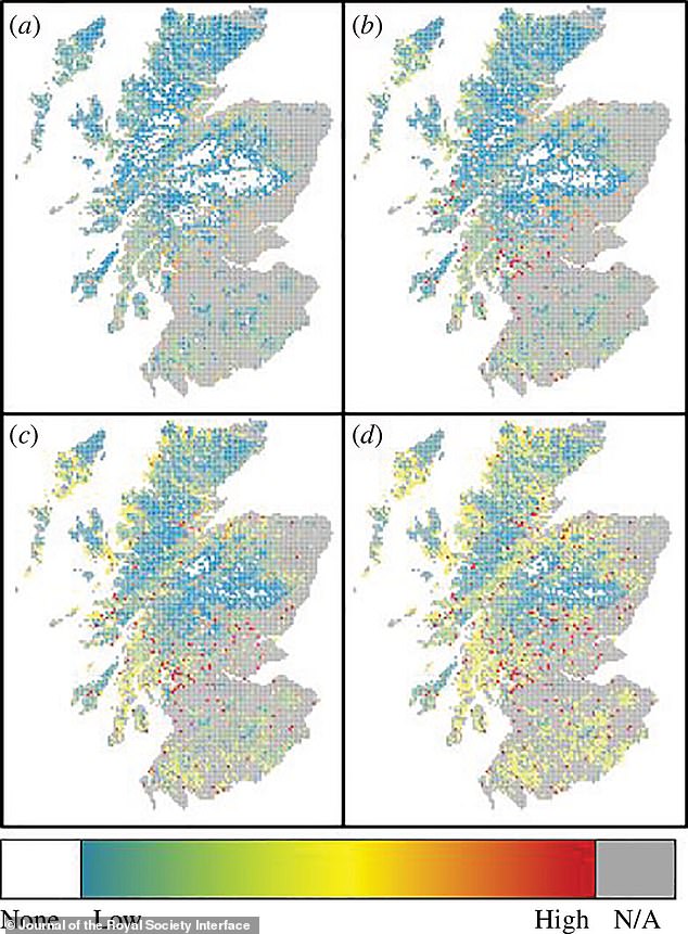 The team developed a model that predicts tick density by 2080 under different climate change scenarios, including no change in temperature (top left) and a global temperature increase of 1°C (top right), 2°C (bottom left), or 4°C (bottom right)