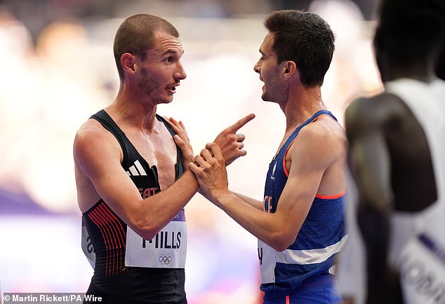 Britain's George Mills and France's Hugo Hay after the heats of the men's 5000m