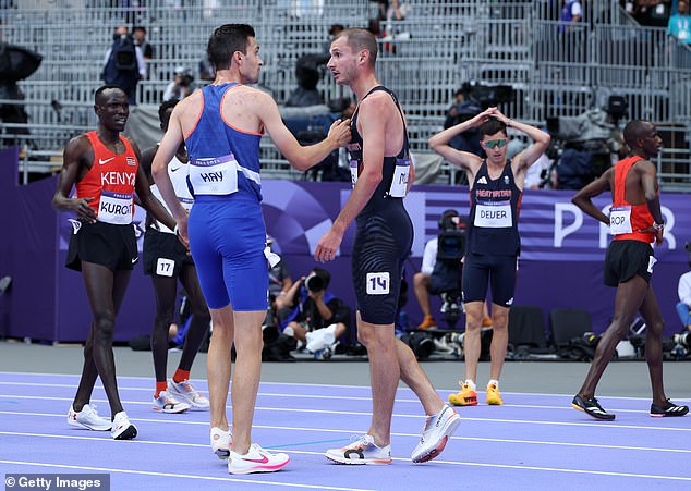 Team France's Hugo Hay and Team Great Britain's George Mills react after competing in the men's 5000m