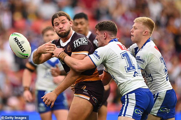 Broncos' Pat Carrigan throws during the Brisbane Broncos v Canterbury Bulldogs match at Suncorp Stadium on July 27, 2024 in Brisbane