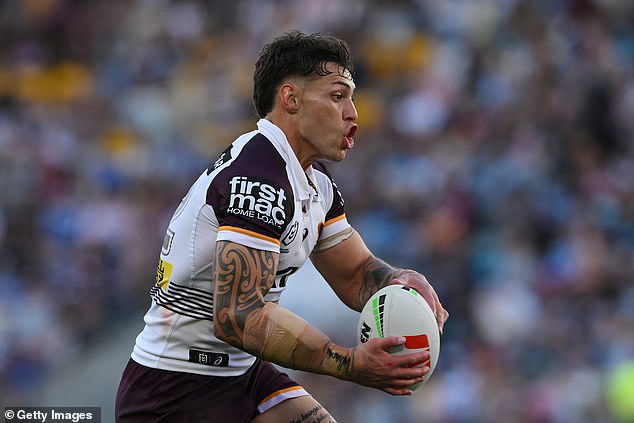 Jordan Riki of the Broncos runs with the ball during the match between Gold Coast Titans and Brisbane Broncos at Cbus Super Stadium on August 3, 2024 in Gold Coast