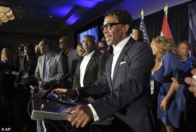 Wesley Bell addresses the crowd after winning the Democratic congressional primary against incumbent U.S. Rep. Cori Bush on Tuesday, Aug. 6, 2024, at the Marriott Grand Hotel in downtown St. Louis. Bush criticized Bell for his support of pro-Israel groups. AIPAC congratulated Bell on his victory on Tuesday