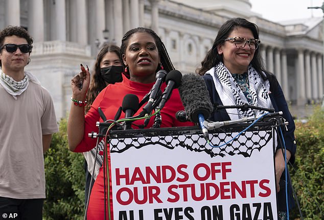 Rep. Cori Bush, D-Mo., and Rep. Rashida Tlaib, D-Mich., joined by students from George Washington University, speak during a news conference at the U.S. Capitol, Wednesday, May 8, 2024, in Washington, after police cleared a pro-Palestinian tent camp near George Washington University early Wednesday morning and arrested protesters.