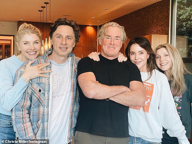 Scrubs, which premiered in 2001, is an American medical sitcom that followed the employees of the fictional Sacred Heart Hospital for a total of nine seasons (pictured in April are actors Zach Braff, Sarah Chalke, John C. McGinley, and Christa Miller, also joined by Amanda Kloots L-R)