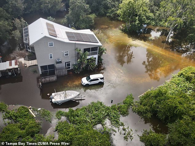 A flooded home in Hillsborough County, FL, on August 6, 2024