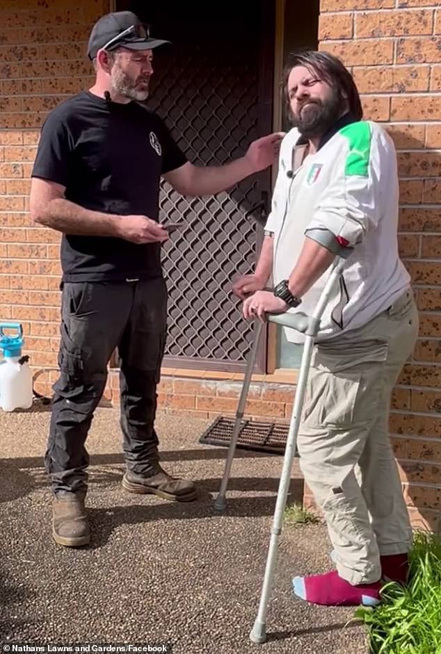 John G with good Samaritan Nathan Stafford, who cleaned up the garden in Ryde and campaigned for the 36-year-old neurological sufferer's application for acceptance onto the NDIS