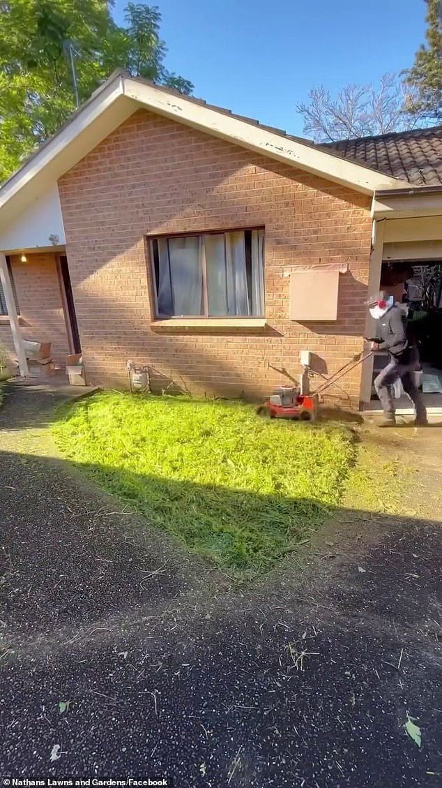 Gardener Nathan Stafford mows John's lawn in one of many videos the online personality has posted about the disabled Ryde resident's plight as he awaits NDIS approval