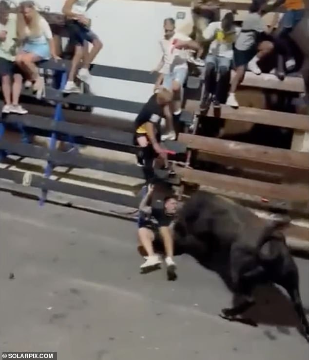 Spectators are shocked as the bull runner is gored in the street during a festival near Benidorm