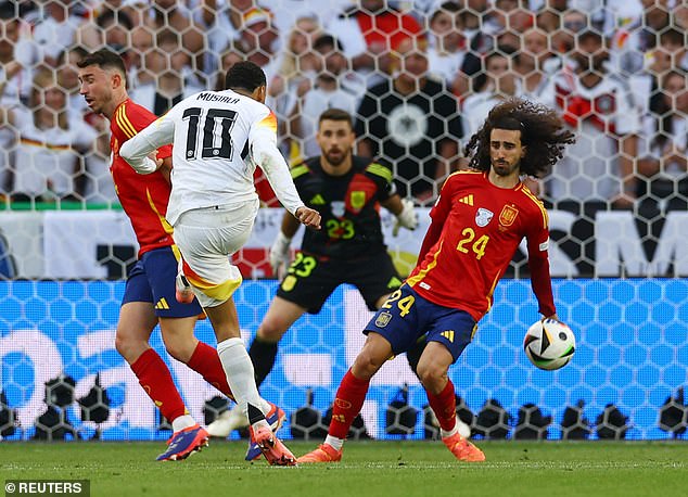 Taylor did not award a penalty after the ball hit the hand of Spaniard Marc Cucurella (right)