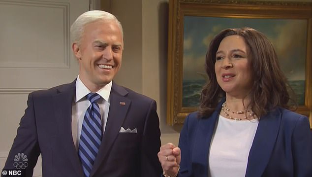 Amid rumors that Maya Rudolph will reprise her role as Harris on the show during the 2024 presidential election, many were left guessing who her scene partner would be in SNL's political sketches this election season; pictured in 2021