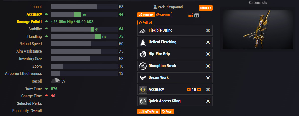 An image showing the selection of perks and stats for a god-rolled Fortunate Star bow in Destiny 2