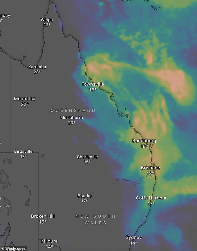 The expected rainfall in Brisbane is also likely to affect parts of northern New South Wales (pictured is a forecast of total rainfall for the next three days)