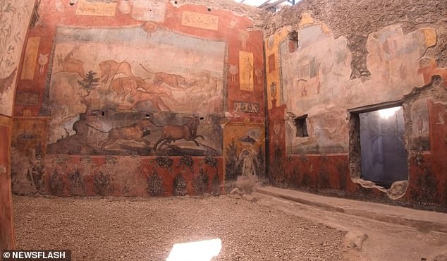 Photo shows wall paintings in the ancient Casa dei Ceii in Pompeii, Italy