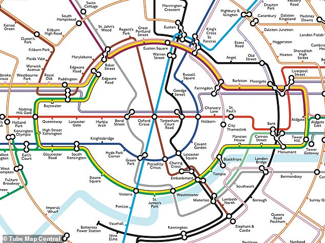 Dr Max Roberts, an Essex cartographer, has created a map of 'concentric circles and spokes' showing the stations of all 11 lines of the London Underground, as well as the Elizabeth Line, Croydon Tramlink, Docklands Light Railway (DLR), Overground, Great Northern City Line and Thameslink services.