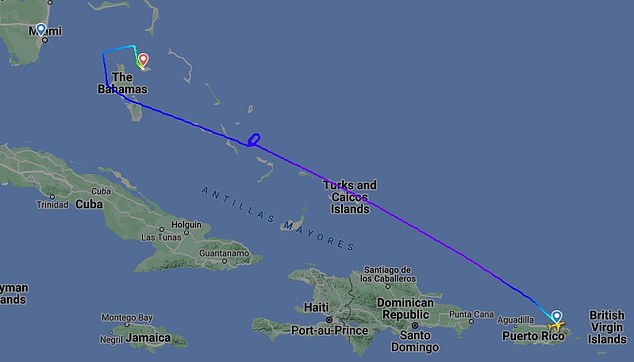 Tracking data from Flightradar.com shows the plane's meandering path on Saturday night before it was diverted to Nassau in the Bahamas