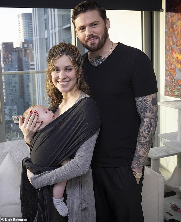 Psychopathic life coach Lewis Raymond Taylor, 33, lives with his fellow life coach and wife Dayana, 28, and their 10-week-old son Ocean (pictured together)