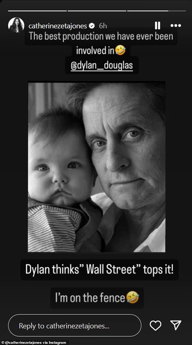 On her Instagram Story, she also shared a black-and-white photo of Dylan with his father Michael Douglas, whom she married in 2000