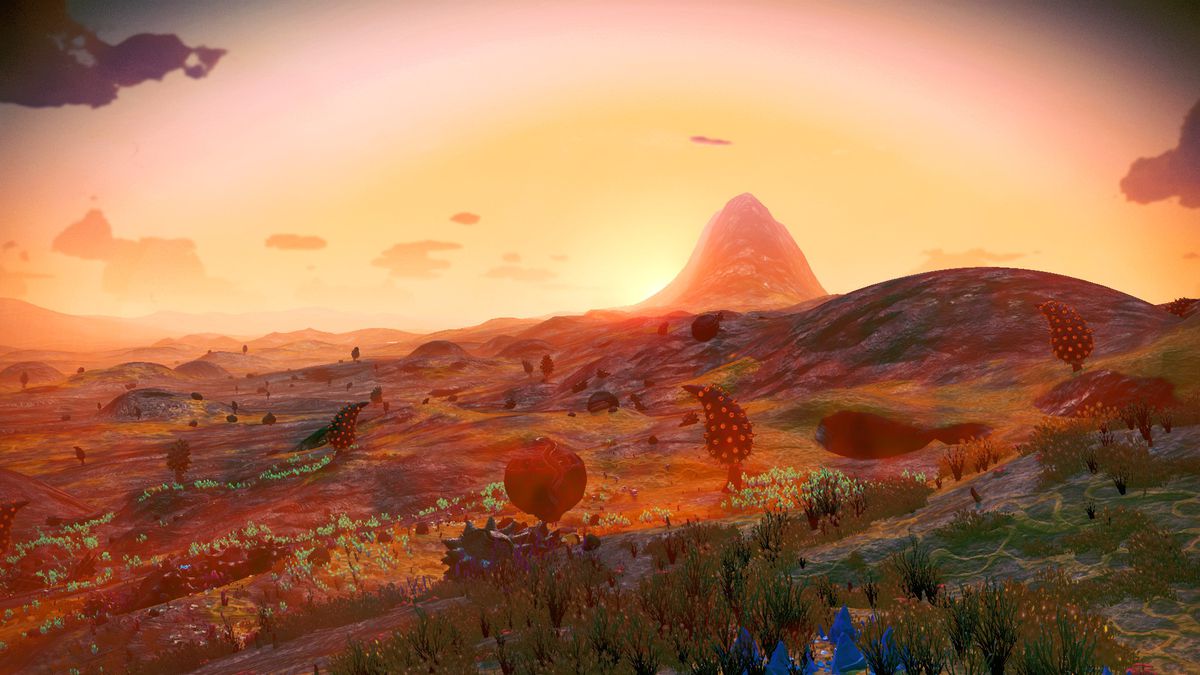 A swampy planet in No Man's Sky, with strange fungi and grasses littering the landscape.