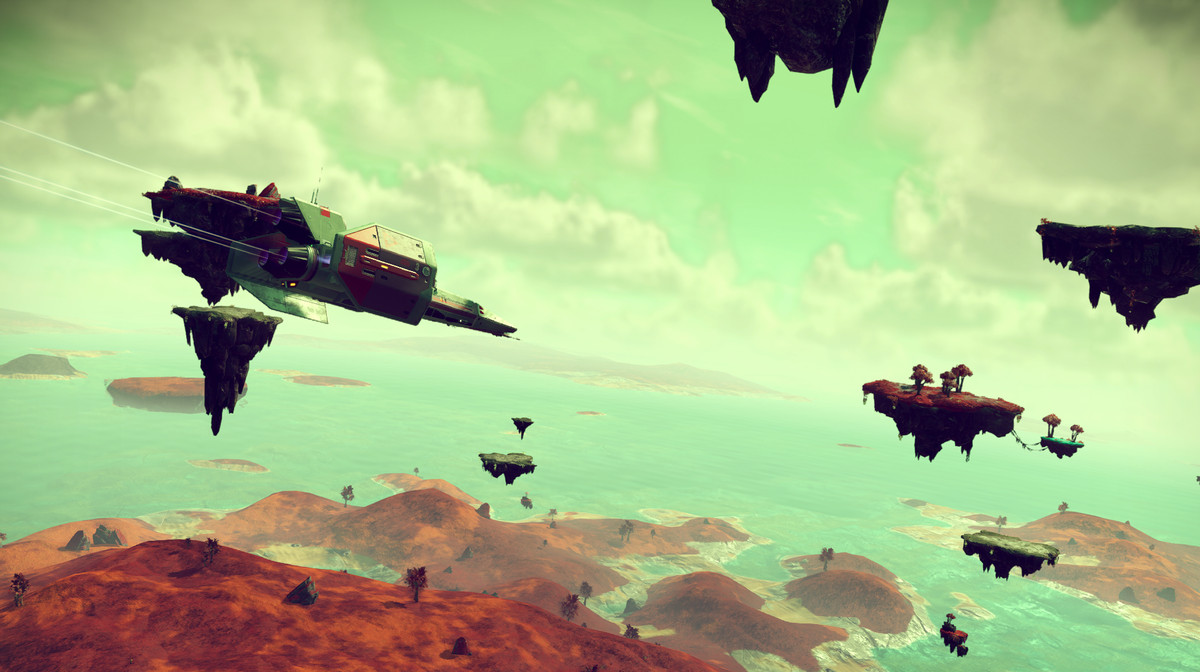 A spaceship in No Man's Sky flies over the surface of a planet. The sky is cyan and the land is covered in red grasses. In the air, platforms of land float.