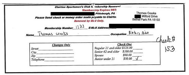 A membership card from the Clairton Sportsmen's Club reveals that Crooks was a 'diet assistant'