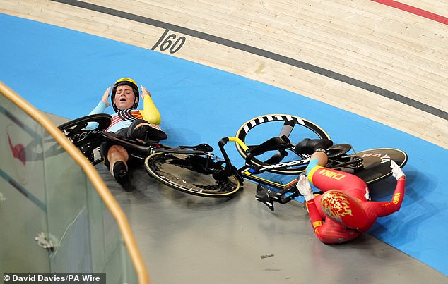 Three cyclists were seriously injured in a horrific high-speed crash at the Olympic cycling stadium during the women's keirin event