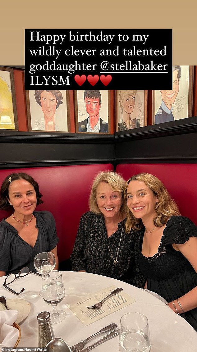 Stella (pictured), 31, is seen laughing with friends at a restaurant, and at the top of the photo Naomi wrote: 'Happy birthday to my incredibly bright and talented goddaughter, Stella Baker. I love you so much'