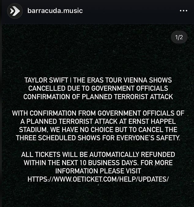 Taylor's concert promoter confirmed the cancellation in a statement, citing public safety