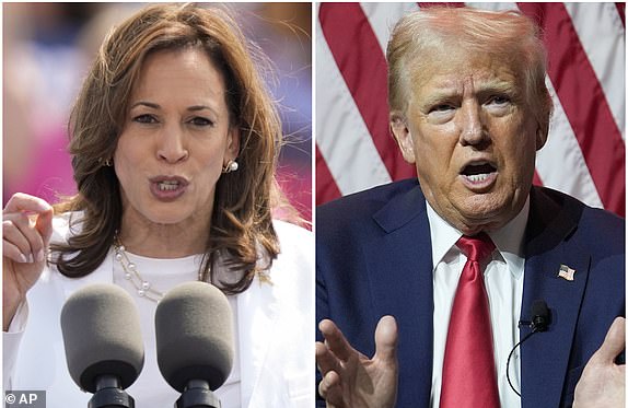 This combination of photos shows Vice President Kamala Harris, left, on Aug. 7, 2024, and Republican presidential nominee former President Donald Trump on July 31, 2024. (AP Photo/Charles Rex Arbogast)