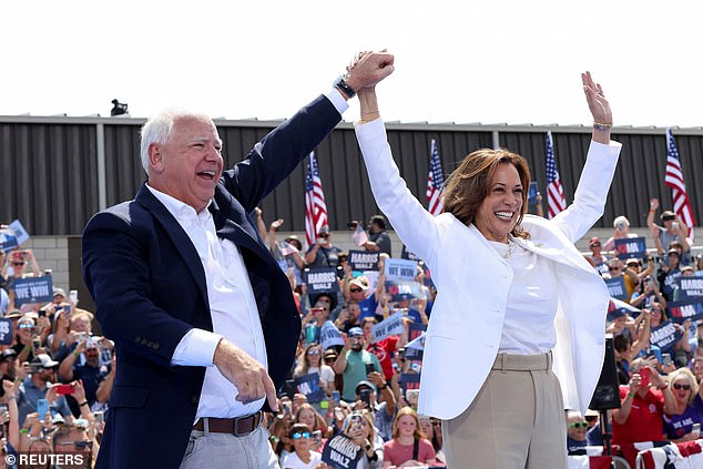 Vice President Kamala Harris and running mate Tim Walz at a campaign rally in Eau Claire, Wisconsin on August 7, as polls show her in a neck-and-neck race with Donald Trump