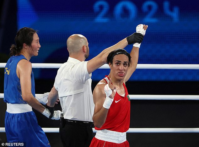 Algeria's Imane Khelif celebrates victory over China's Liu Yang