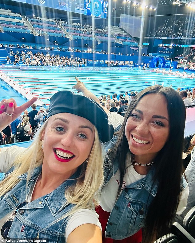 She posted a bunch of videos and photos on Instagram cheering Adam on as he tied for second place with Nic Fink, with Nicolo Martinenghi taking gold (pictured with Aimee)