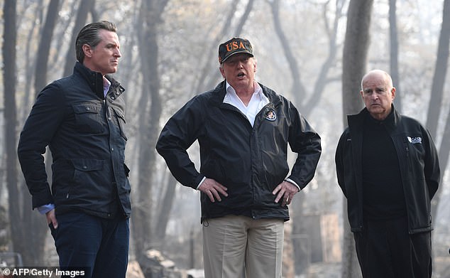 Gavin Newsom (left) with then-President Trump and then-Governor Jerry Brown (right) surveying the 2018 wildfire damage in Paradise, CA. Newsom called 