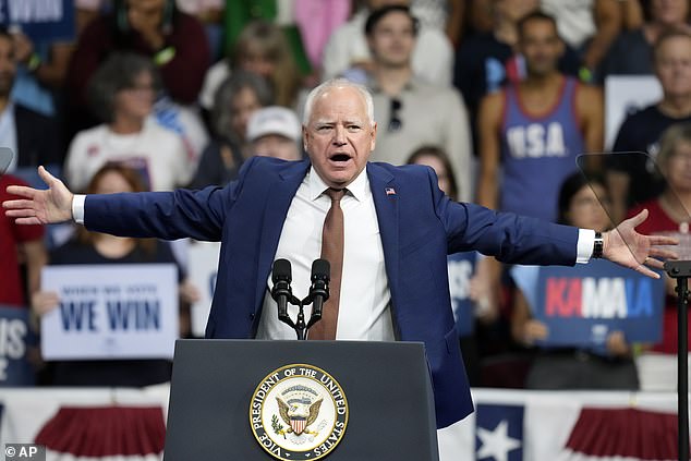 Democratic vice presidential candidate Minnesota Gov. Tim Walz speaks at a campaign rally at Desert Diamond Arena, Friday, Aug. 9, 2024, in Glendale, Arizona