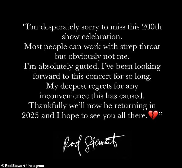 He told his 1.4 million followers on Instagram: 'I'm really sad to miss the celebration of our 200th performance.'