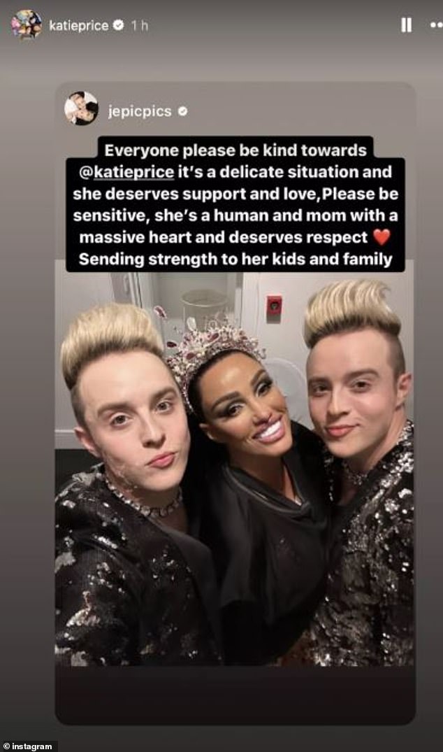 Just hours after her court appearance, Katie posted a message of support on her Instagram stories that was originally posted by Jedward