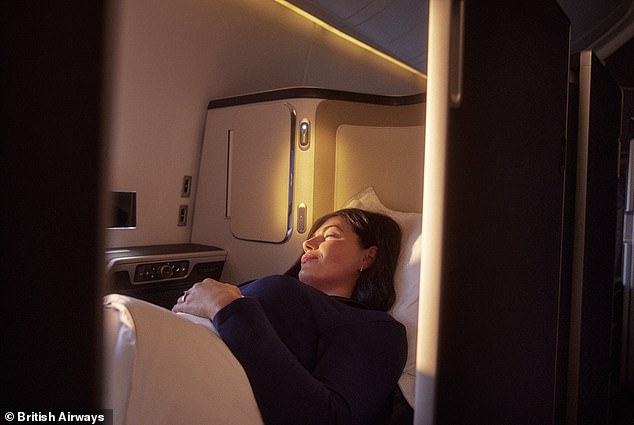 Flying during off-peak hours can increase your chances of an upgrade. Pictured: A British Airways first class cabin