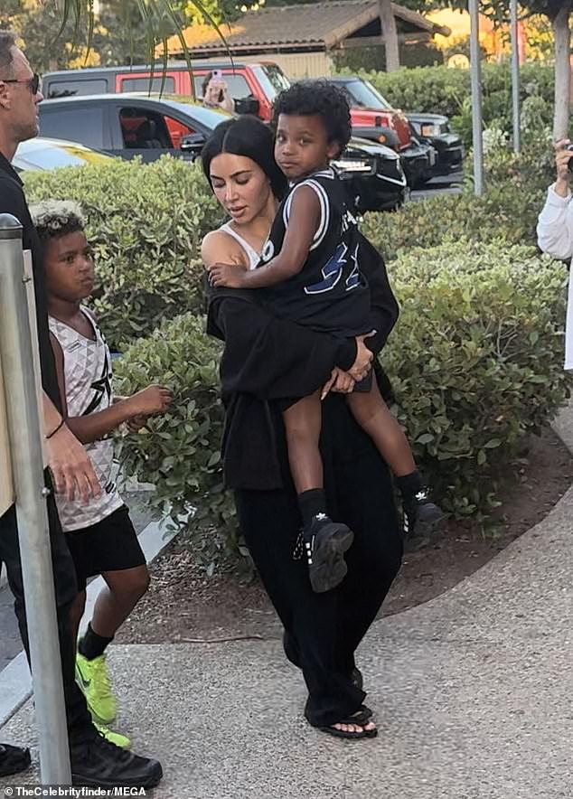 Kim and her boys, both of whom she shares with ex-husband Kanye West, were accompanied by a heavy-duty security team