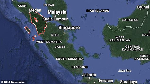 Mr Wann is believed to have hit his head on a reef and been knocked unconscious while surfing in North Sumatra province on Thursday (the area is marked on this map).