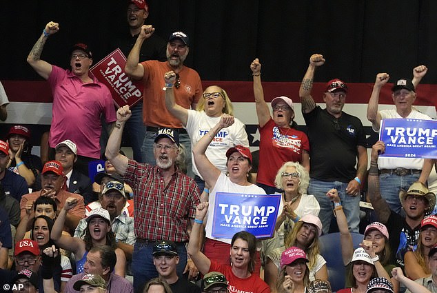 The Trump campaign has portrayed Harris as a left-wing extremist who they say is out of touch with swing-state voters. Trump supporters are seen here at a rally in Montana on Friday