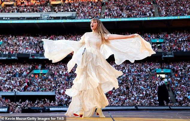 Swift has five shows scheduled in London, starting on Thursday, August 15. Ticket prices on resale sites have increased by as much as 2,000 percent (Pictured in London in June)