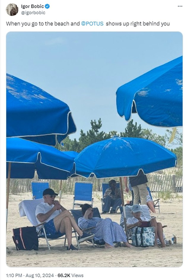 Although Biden's staff kept him at a fair distance from the press following him, he happened to plop down in front of a Washington reporter on the beach, which is about a three-hour drive from Washington.