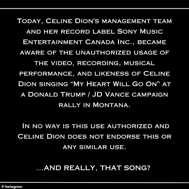 Pictured: Celine Dion's full statement on Trump using her song