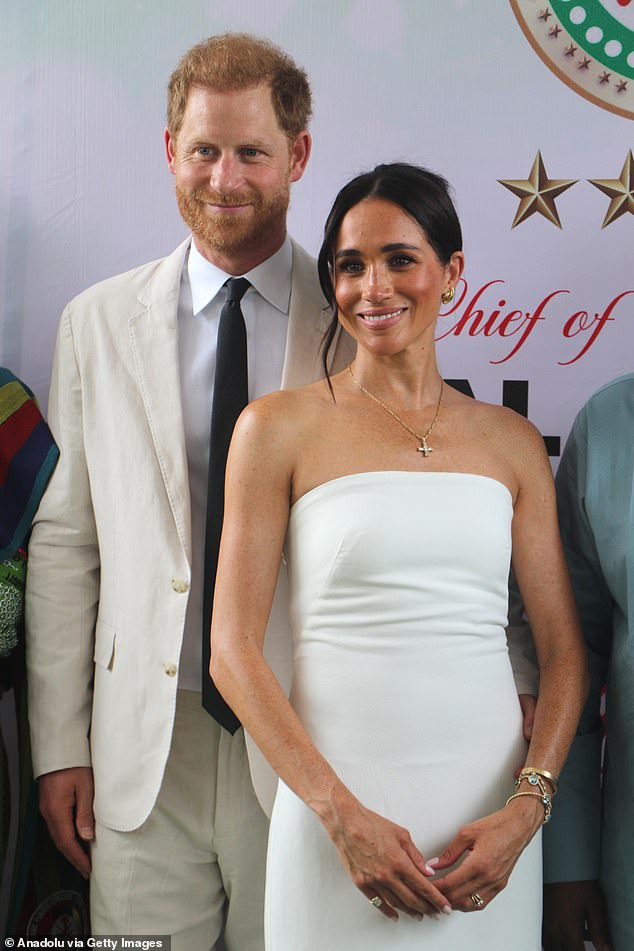 Harry and Meghan pose for a photo while attending the program held at the Armed Forces Complex in Abuja, Nigeria on May 11