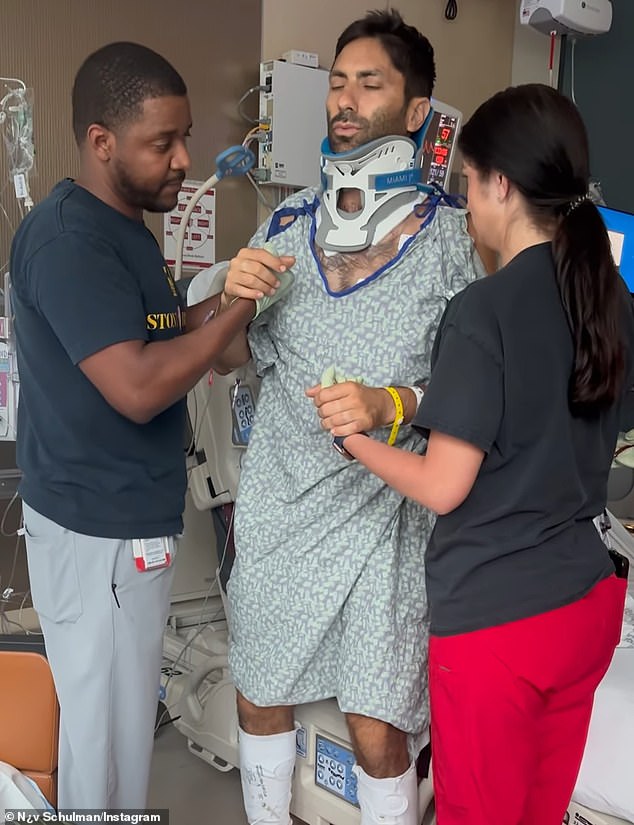 Schulman posted several videos of himself wearing a neck brace in the hospital, including one of himself slowly getting out of bed with the help of two staff members