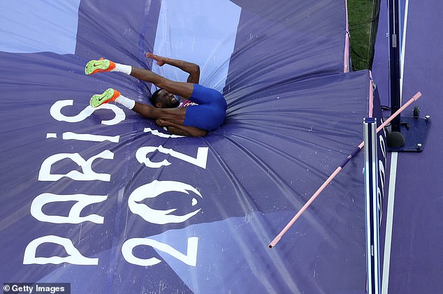 Team United States' Shelby McEwen competes in the men's high jump final