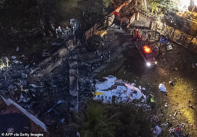 Aerial view of the wreckage of a plane that crashed in Vinhedo with 62 people on board